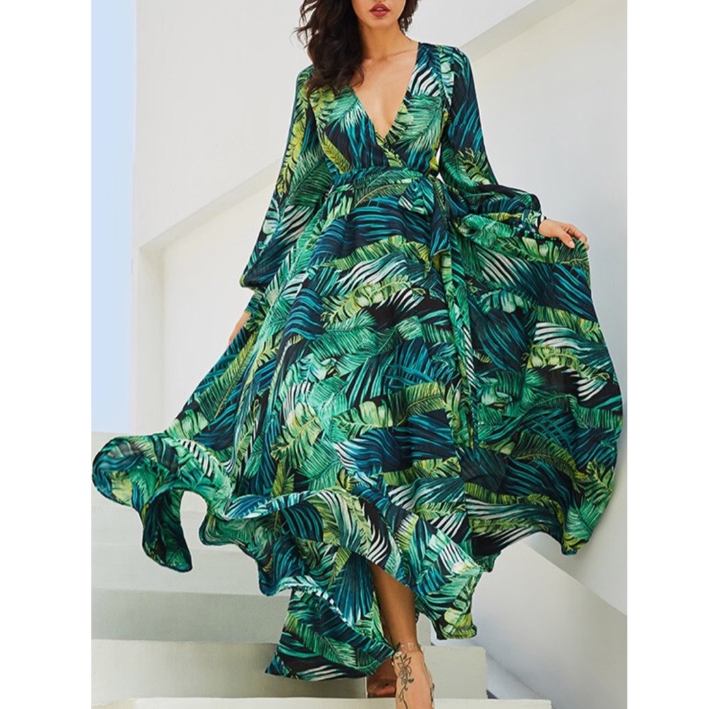 Green Palm Leaf Patterned wrap dress